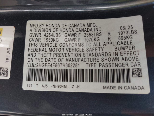 Honda lfc3 2026 2HGFE4F86TH302281 Image 9
