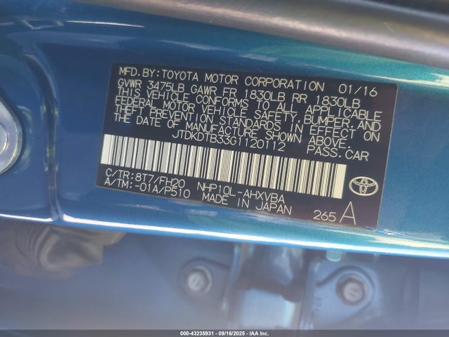 JTDKDTB33G1120112 Toyota 1nz-fxe+1lm