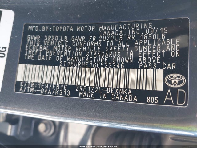 2T1BURHE1GC522346 Toyota 2zr-fe