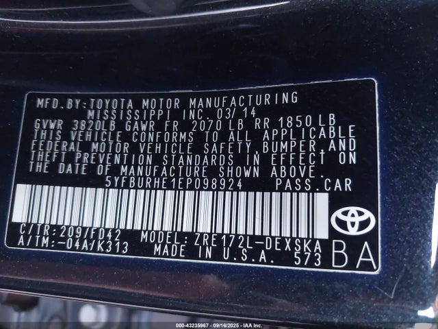 5YFBURHE1EP098924 Toyota 2zr-fe