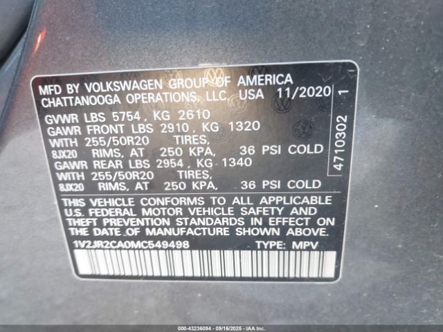 2021 VOLKSWAGEN ATLAS 1V2JR2CA0MC549498 Photo 8