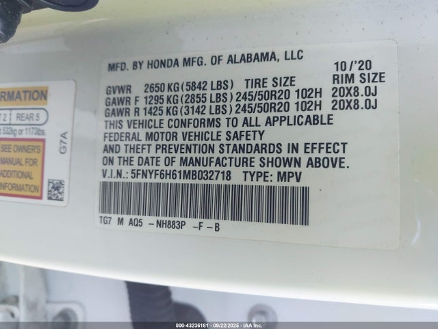 2021 Honda Pilot Awd Touring 7 Passenger მანქანა იყიდება აუქციონზე, vin: 5FNYF6H61MB032718, აუქციონის ნომერი: 43236181