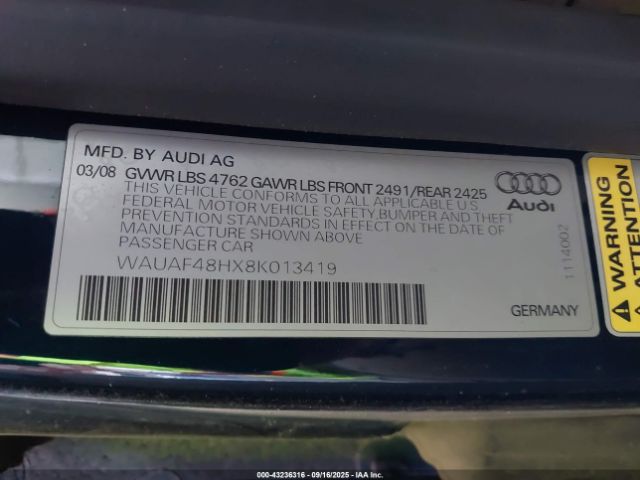 2008 AUDI A4 WAUAF48HX8K013419 Photo 8