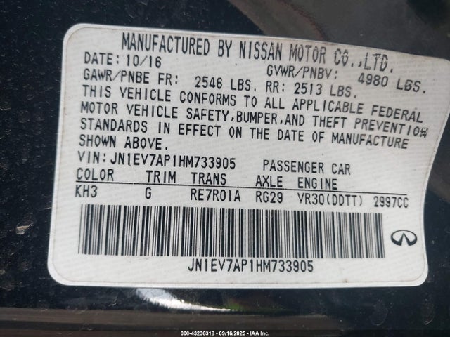 2017 Infiniti Q50 3.0t Premium მანქანა იყიდება აუქციონზე, vin: JN1EV7AP1HM733905, აუქციონის ნომერი: 43236318