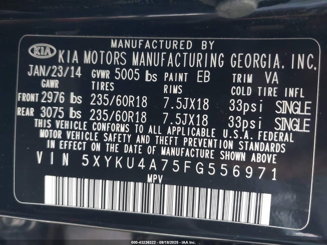 5XYKU4A75FG556971 KIA gasoline 3.3 v6 gdi lambda ii