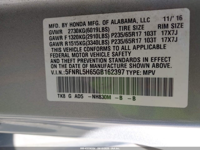 5FNRL5H65GB162397 Honda j35z8