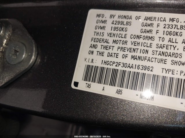 Aukcja sprzedaży 2010 Honda Accord 2.4 Lx, vin: 1HGCP2F30AA163962, numer aukcji: 43236390