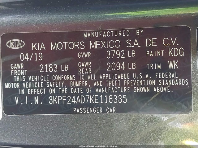 3KPF24AD7KE116335 KIA mpi nu