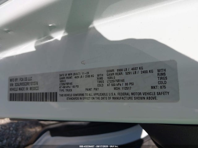 Продажа на аукционе авто 2024 Ram Promaster 2500 Tradesman High Roof 159 Wb W/pass Seat, vin: 3C6LRVDG3RE101374, номер лота: 43236457