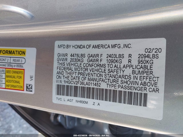 1HGCV2F36LA011452 Honda k20c4