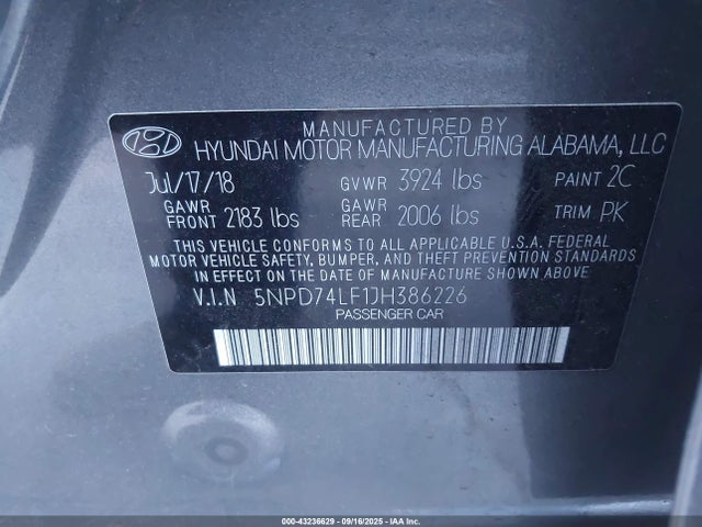 5NPD74LF1JH386226 Hyundai mpi nu