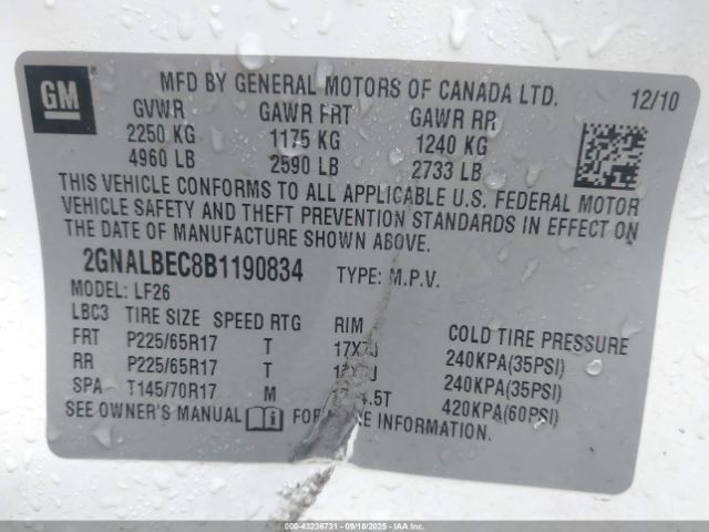 2011 CHEVROLET EQUINOX 2GNALBEC8B1190834 Photo 8