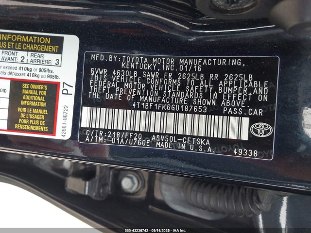 Toyota 2ar-fe 2016 4T1BF1FK6GU187653 Image 9