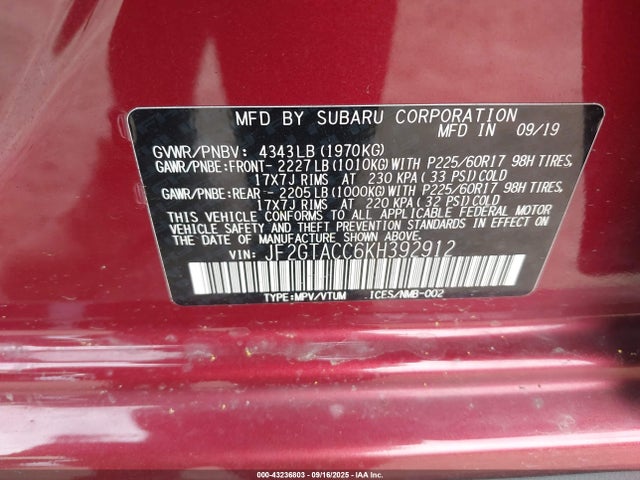 Subaru naturally aspirated 2019 JF2GTACC6KH392912 Image 9