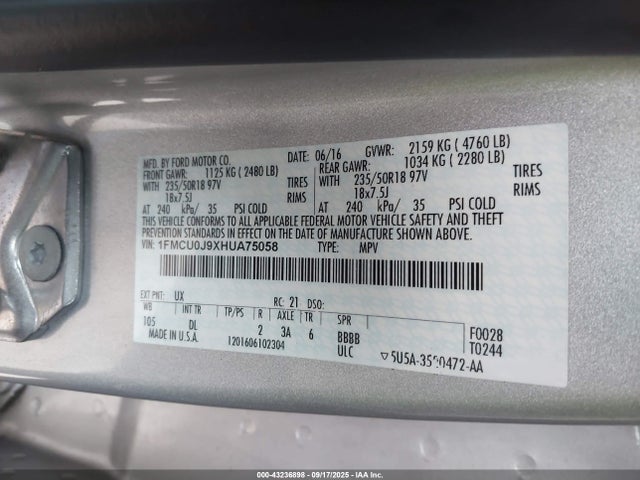 1FMCU0J9XHUA75058 Ford 2017