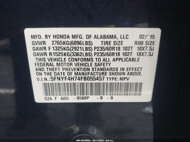 Honda j35z4 2015 5FNYF4H74FB055457 Image 9