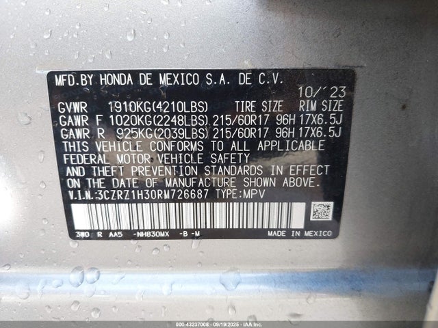 3CZRZ1H30RM726687 Honda k20z5