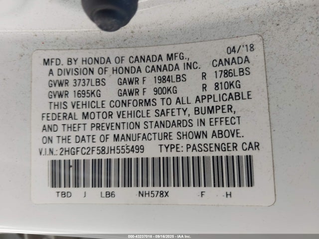 Honda k20c2 2018 2HGFC2F58JH555499 Image 9