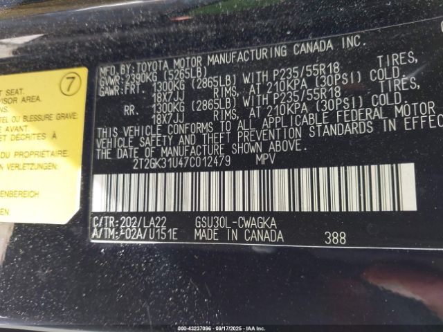 2007 LEXUS RX 350 2T2GK31U47C012479 Photo 8