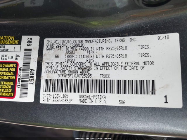 5TFAY5F1XJX725205 Toyota 3ur-fe