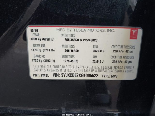 2016 TESLA MODEL X 5YJXCBE2XGF005522 Photo 8