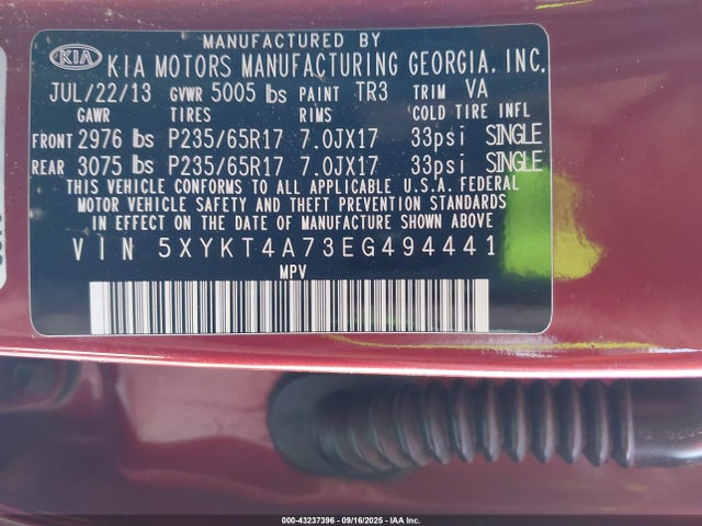 KIA gasoline 3.3 v6 gdi lambda ii 2014 5XYKT4A73EG494441 Image 9