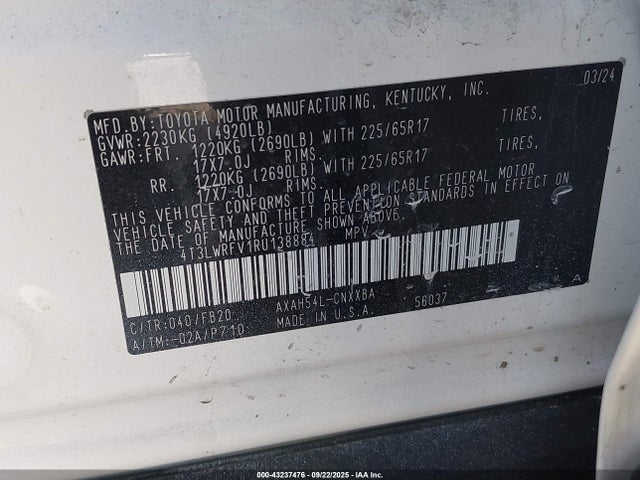 4T3LWRFV1RU138884 Toyota a25a-fxs