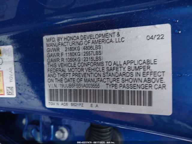 43237479 :رقم المزاد ، 19UUB5F55NA003555 vin ، 2022 Acura Tlx A-spec Package مزاد بيع