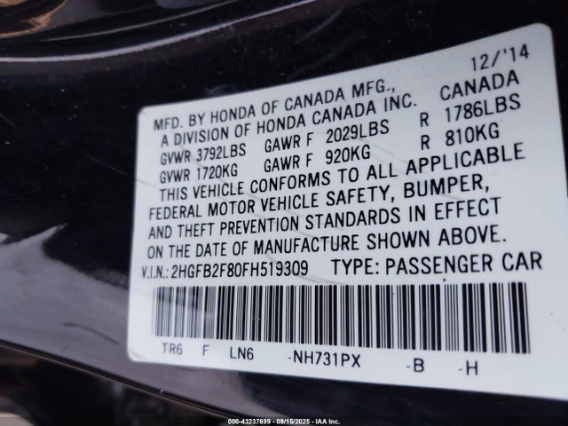 Honda r18z1 2015 2HGFB2F80FH519309 Image 9