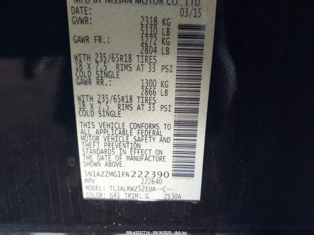 Nissan Murano 2015 5N1AZ2MG1FN222390 Image 9