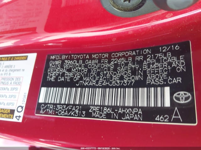JTNKARJE4HJ537377 Toyota 2zr-fae