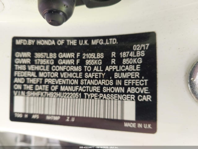 SHHFK7H92HU222051 Honda l15ba