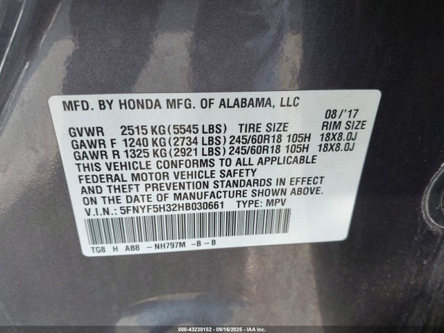 Honda j35y6 2017 5FNYF5H32HB030661 Image 9