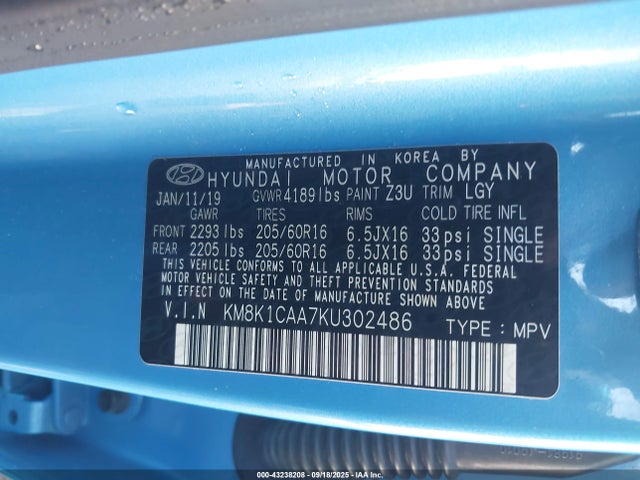 KM8K1CAA7KU302486 Hyundai mpi nu