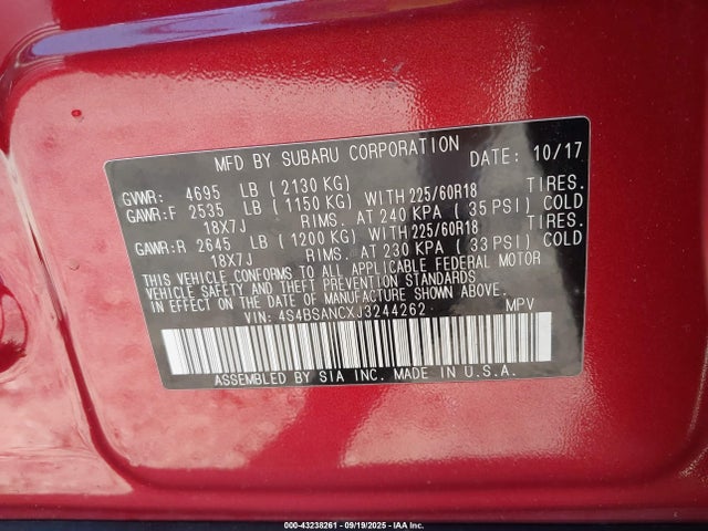 Subaru Outback 2.5i Limited 2018 4S4BSANCXJ3244262 Image 4