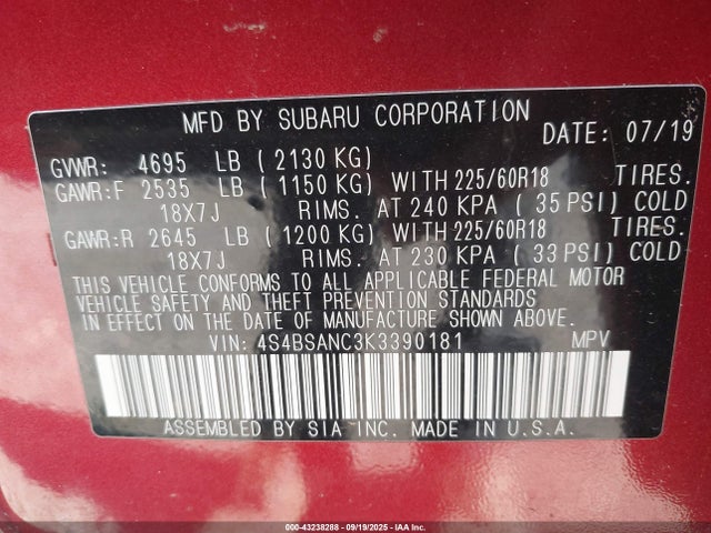 Aukcja sprzedaży 2019 Subaru Outback 2.5i Limited, vin: 4S4BSANC3K3390181, numer aukcji: 43238288