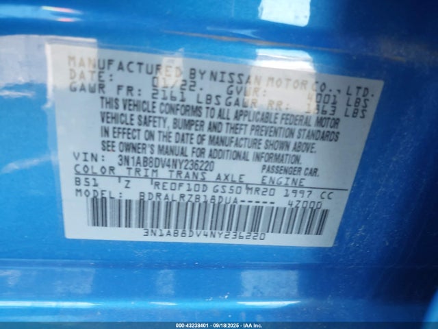 3N1AB8DV4NY236220 Nissan Sentra