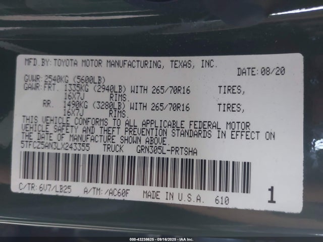 5TFCZ5AN3LX243355 Toyota 2gr-fks