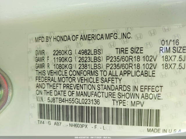 Acura j35z2 2016 5J8TB4H55GL023136 Image 9