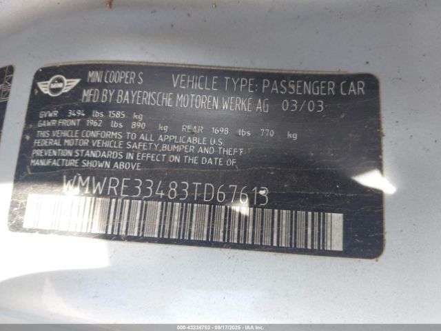 2003 MINI COOPER S WMWRE33483TD67613 Photo 8