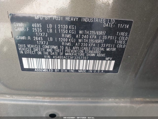 4S4BSACC9F3257207 Subaru 2.5l u5