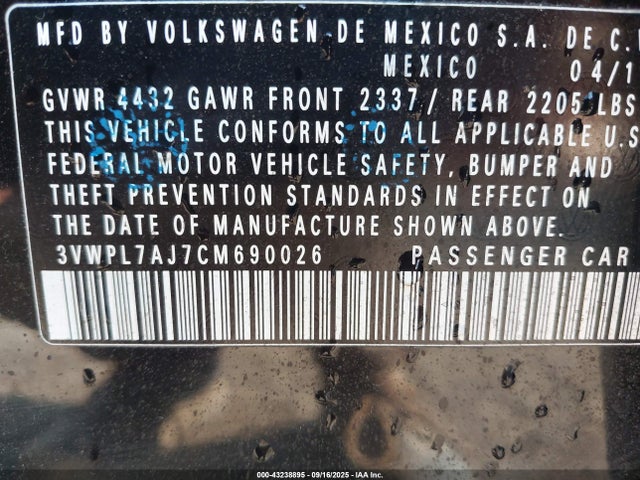 43238895 :رقم المزاد ، 3VWPL7AJ7CM690026 vin ، 2012 Volkswagen Jetta Sportwagen 2.0l Tdi مزاد بيع