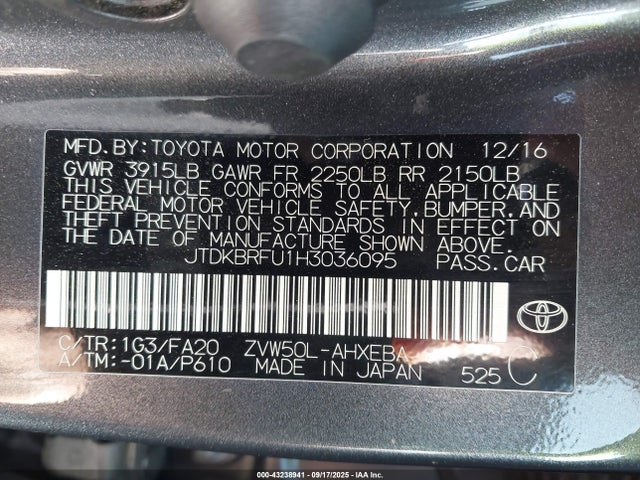 JTDKBRFU1H3036095 Toyota 2zr-fxe,1nm