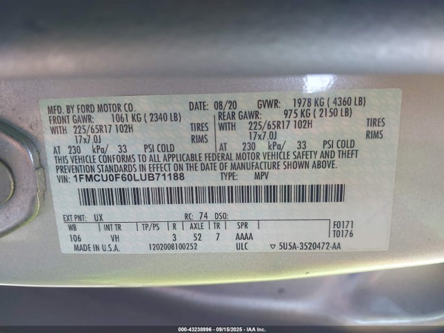 1FMCU0F60LUB71188 Ford Escape