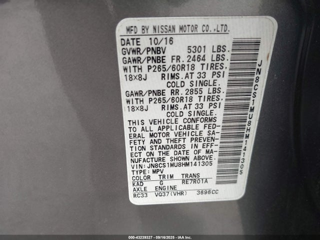 Aukcja sprzedaży 2017 Infiniti Qx70, vin: JN8CS1MU8HM141305, numer aukcji: 43239327