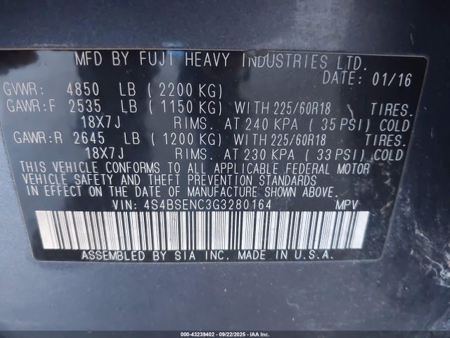 4S4BSENC3G3280164 Subaru 3.6l u4