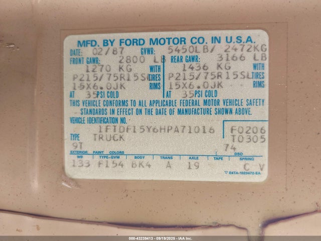 1987 FORD F150 1FTDF15Y6HPA71016 Photo 8