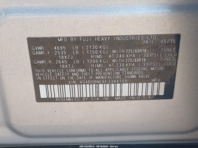 4S4BSBNC6F3344100 Subaru 2.5l u6