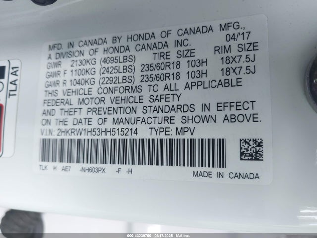 2HKRW1H53HH515214 Honda l15be