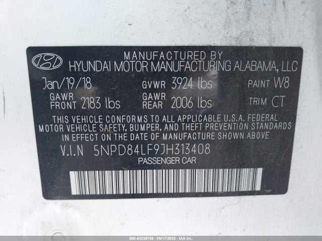 5NPD84LF9JH313408 Hyundai mpi nu